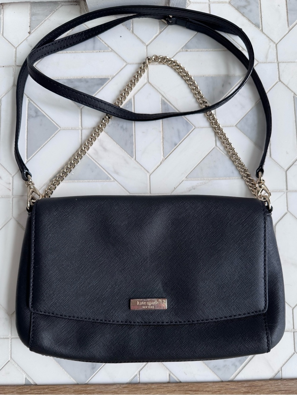 Kate Spade New York Black Saffiano Leather Flap Crossbody Bag Silver Chain Strap